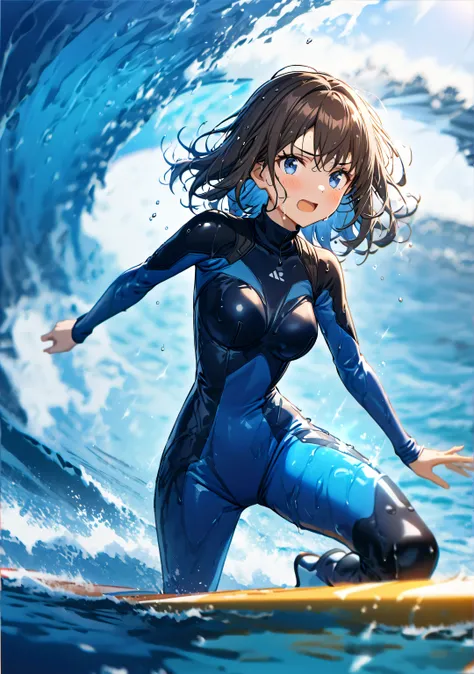 1 girl, Game CG, 
shallow depth of field, a portrait with a soft Gaussian blurred background, creating a dreamy atmosphere, 
standing, looking viewer, beaming face, open mouth, blush, incrssurfing, surfing,
surfboard,

(dark Brown Hair, straight medium hai...