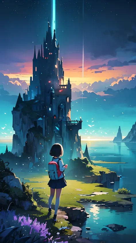 ((1 beautiful girl:1.9)), (close-up girl:1.5),(carrying a backpack:1.5),((Alone:1.3)),(short hair:1.5),((black hair)),((from behind:1.5)),《background》“Create a breathtaking fantasy landscape of a Water Kingdom, where towering, crystalline waterfalls cascad...