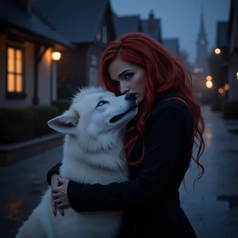 A red-haired, blue-eyed, black-jacketed Turkishwoman crying and hugging a white-furred, blue-eyed sibirya wolf dog in the middle of a street with houses at night cinamatic effect dark ambiance