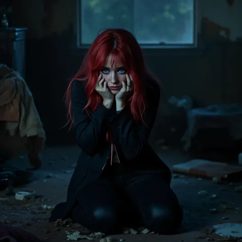 a red-haired, blue-eyed, black-jacketed sad crying woman kneeling in the middle of a house with her belongings scattered around at night dark ambiance and cinematic effect