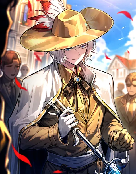 1male, white hair , gloves , (project moon\) , white and gold gloves , blue eyes , , white cape , shirt , hat , white and gold shirt , holding a rapier in one hand , plume , short hair , expressionless , collared shirt , solo focus , long sleeves , cape , ...