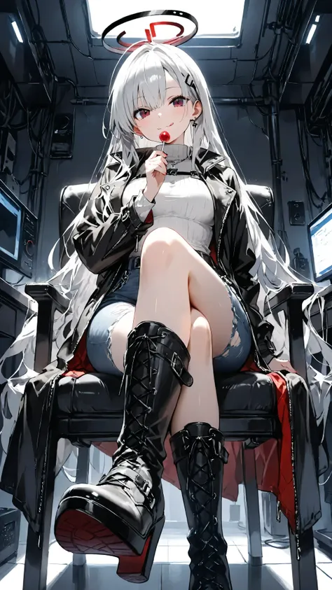 High resolution, masterpiece, precise, anatomically correct,
Top quality, comfortable model, high definition,
High quality, ultra high resolution,
Long silver hair,
narrow dark red eyes,
a cynical smile,
black jacket, white turtleneck sweater, ripped jean...