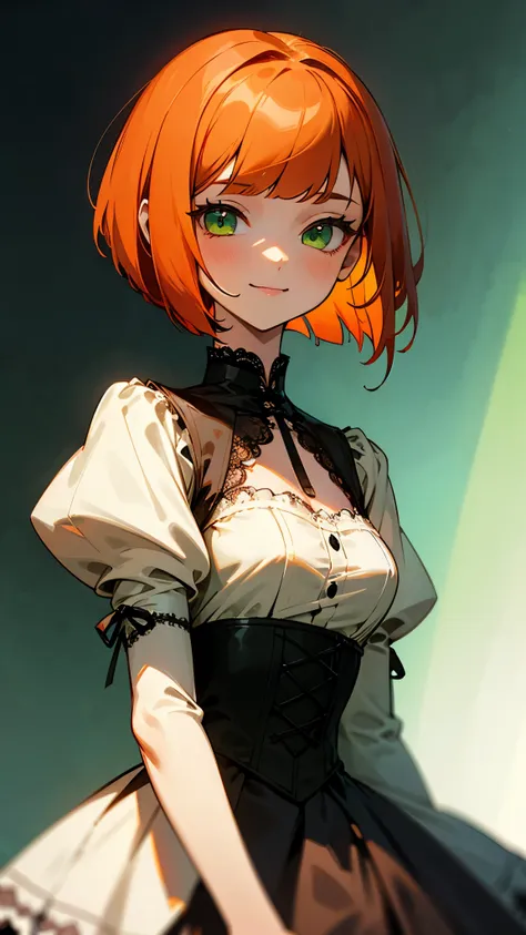 1 girl、solo、Colourful gothic clothes、orange hair、bob cut hair、green eyes、smile、standing with a straight back、perfect anatomy、gothic style dress with fine lace and flowing layers、corset before dildos insertion、depth of field、upper body close-up