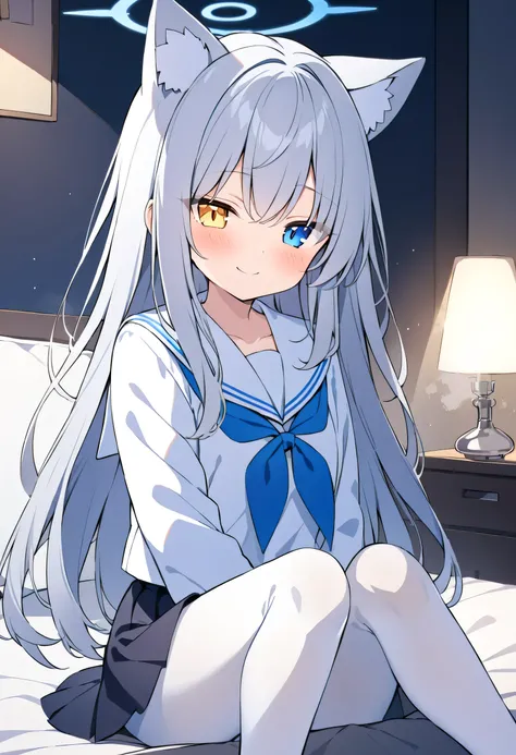 long hair,Silver Hair, girl, blue halo,White Sailor Suit, Black Skirt ,Cat ears,be alone,Heterochromia(Left blue right yellow),In the room,and sit on the bed,white pantyhose,Smile,blush,steam,gas,night