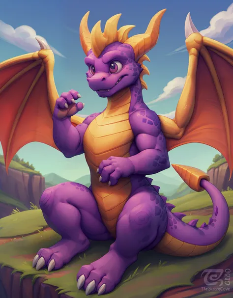 Spyro the dragon,(((detailed eyes, detailed face))), ((4 fingers on hands)), spyro world background, green grass, flying islands, blue sky, purple pupils, young, feral, skinny, yellow horns, spyro dragon tail, Uploaded to e621.net, (by thesecretcave, by to...
