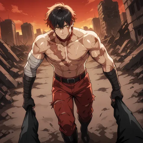 ((Anime art style Solo Leveling:1.2)), {man1}:(man with messy red hair, yellow eyes, muscular body, sweaty skin, strong bandaged arms, burn scar on his neck, developed chest), {man1}: (wearing red army pants and no shirt, black leather boots, looking to th...