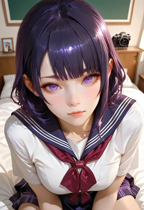 ultra detailed realistic raiden shogun half body, dark purple hair, purple eyes, school uniform, background, ray tracing, short hair, sitting on bed in a bedroom, taking a picture with camera