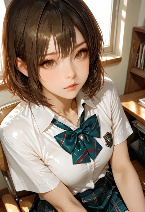 ultra detailed realistic fubuki half, brown hair, brown eyes, school uniform, background, ray tracing, short hair, sitting in a chair in a bedroom, taking a picture