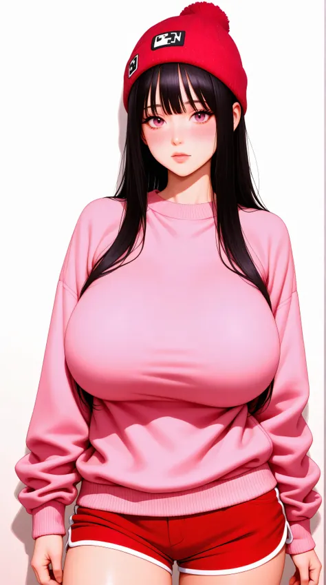best quality, finely detailed eyes and detailed face), black_straight_hair, bangs, pink_eyes, pink_sweater, red_beanie, red_shorts, front_view, korean, standing, alone, (((((huge_breasts, humongous_breasts))))), pretty, beautiful, cowboy_shot, looking at v...