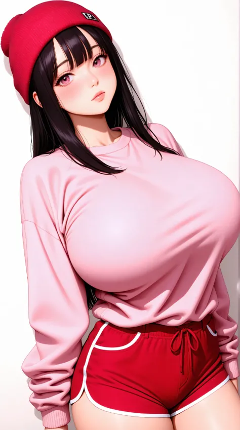 best quality, finely detailed eyes and detailed face), black_straight_hair, bangs, pink_eyes, pink_sweater, red_beanie, red_shorts, front_view, korean, standing, alone, (((((huge_breasts, humongous_breasts))))), pretty, beautiful, cowboy_shot, looking at v...