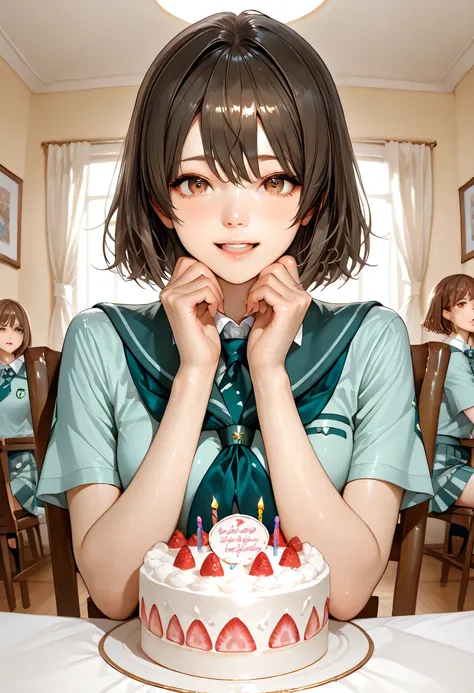 ultra detailed realistic fubuki half body celebrating birthday and cake, brown hair, brown eyes, sakura leafs, vivid colors school uniform, background, ray tracing, short hair, sitting in a chair in a bedroom 