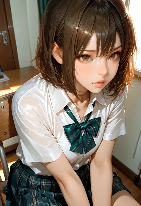 ultra detailed realistic fubuki half, brown hair, brown eyes, school uniform, background, ray tracing, short hair, sitting in a chair in a bedroom 