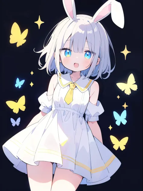 yellow kindergarten clothes 、Yellow smock、Bunny girl、Usamimi、Very beautiful and shining eyes、shining eyes、1 girl、small breasts、big mouth、high school girl、small breasts、 transparent silver short hair、 girl