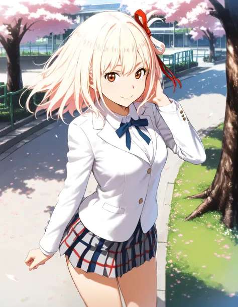 1girl, lycoris recoil, year 2016, school uniform, white blazer, red check skirt, schoolyard, cherry blossom tree, masterpiece, high score, great score, absurdres, 16k, super detail