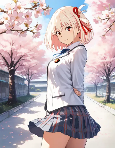 1girl, lycoris recoil, year 2016, school uniform, white blazer, red check skirt, schoolyard, cherry blossom tree, masterpiece, high score, great score, absurdres, 16k, super detail