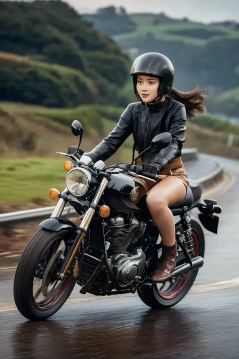 (A young female rider speeds along on a motorcycle)、Vintage Bikes、Bluff Superior SS100、Isle of Man Races、Leather jumper、Cromwell helmet with goggles、After the Rain、English countryside、(Highest quality, masterpiece, High resolution)、8k、wallpaper