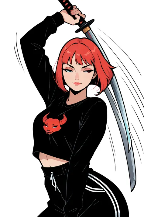 Anime girl,  katana , NFT style AZUKI, Blank background, solid background, Dynamic pose,  pretty face, correct anotomy, beautiful eyes ,   adult, streetwear, thick, clear lines