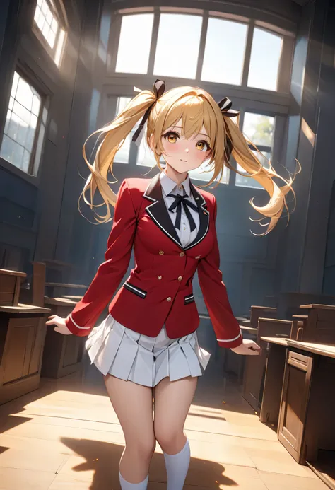 ( masterpiece, Better quality, High resolution , UHD, perfect pixels , depth of field, 4k, RTX, hdr))), 1 girl, single, , alone, full body high quality art , Girl alone, well-proportioned slim body , yellow blonde hair with two long straight and smooth pig...