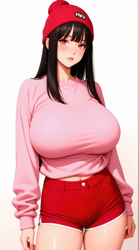 best quality, finely detailed eyes and detailed face), black_straight_hair, bangs, pink_eyes, pink_sweater, red_beanie, red_shorts, front_view, korean, standing, alone, (((((huge_breasts, humongous_breasts))))), pretty, beautiful, cowboy_shot, looking at v...