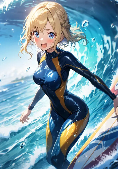 1 girl, Game CG, 
shallow depth of field, a portrait with a soft Gaussian blurred background, creating a dreamy atmosphere, 
standing, looking viewer, beaming face, open mouth, blush, incrssurfing, surfing,
surfboard,

(blond Hair, french braid, Right-side...