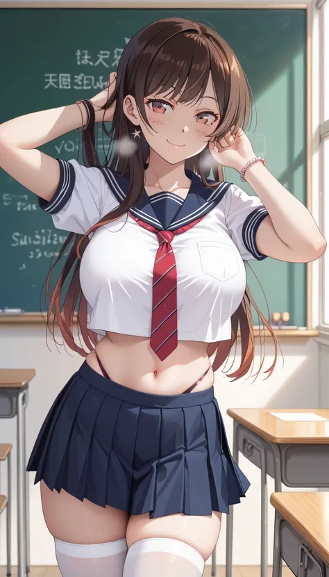 chizuru ichinose, side tie up, masterpiece, best quality, highres, chi1, 1girl, long hair, solo, bracelet, bangs, 1girl, solo, skirt, chalkboard, breasts, school_uniform, thighhighs, navel, crop_top, huge_breasts, smile, long_hair, looking_at_viewer, seraf...