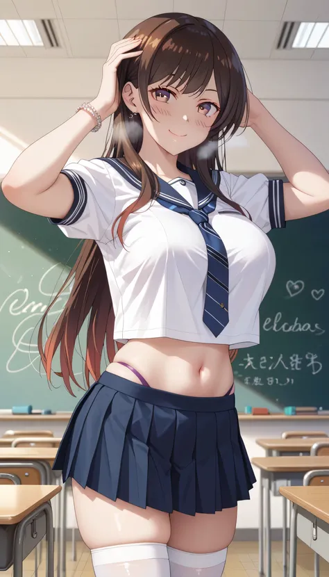 chizuru ichinose, side tie up, masterpiece, best quality, highres, chi1, 1girl, long hair, solo, bracelet, bangs, 1girl, solo, skirt, chalkboard, breasts, school_uniform, thighhighs, navel, crop_top, huge_breasts, smile, long_hair, looking_at_viewer, seraf...