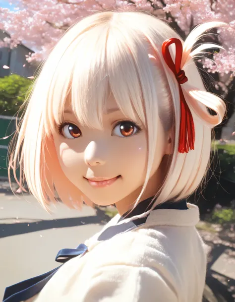 1girl, nishikigi chisato, lycoris recoil, year 2016, upper body, schoolyard, cherry blossom tree, masterpiece, high score, great score, absurdres, 16k, Ultra detailed, (photorealistic : 0.75)