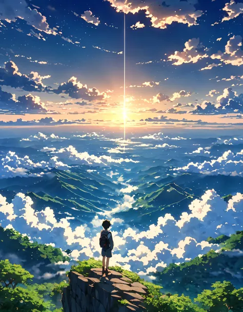 There is a sea of clouds realist !!!!!。,cloudy, Textured clouds anime style a painting of a boy on the edge of an abyss!!! watching a vast sky , anime landscape, inspired by the brothers anime beautiful scene of peace , anime-realistic anime-realistic !!...