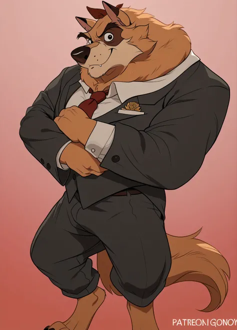 Kaltag pny, alaskan malamute, solo, detailed, detailed face, detailed eyes, anthro body, male, adult, very muscular:1.1, cartoon shading, cel shaded:1.0, flat colors, shirtless, wfa style, negger style, cartoony anatomy, above waist, looking at viewer, arm...