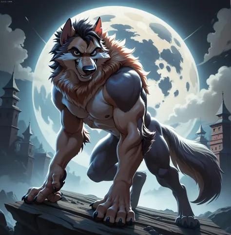 Kaltag pny, alaskan malamute, solo, detailed, detailed face, detailed eyes, anthro body, male, adult, very muscular:1.1, cartoon shading, cel shaded:1.0, flat colors, shirtless, wfa style, negger style, cartoony anatomy, above waist, looking at viewer, arm...