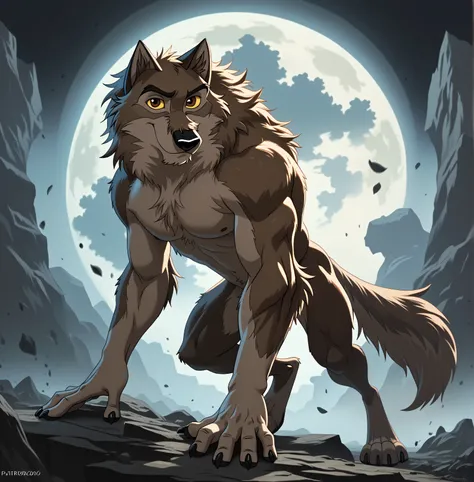 baltotwd, wolfdog, balto, brown eyes, yellow sclera, solo, detailed, detailed face, black eyes, anthro body, male, adult, muscular, cartoon shading, cel shaded:1.0, flat colors, (no background, white background):1.5, shirtless, wfa style, negger style, car...