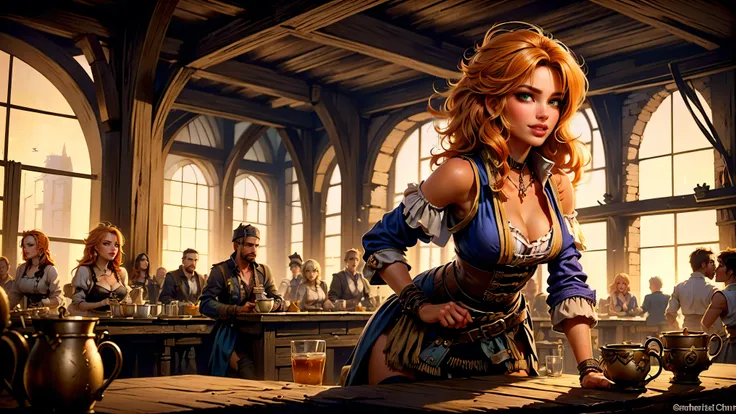 ((tavern and brothel filled with men)), ((1 redheaded tavern wench serving drinks to old pirates)), ((messy hair, orange hair)), ((1 serving girl)), ((solo girl)), ((ager)), ((loli)), ((littlegirl)), ((Smiling)), ((little)), ((dark tan skin)), ((cute girl...