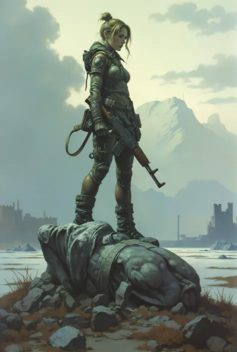 "Realistic post-apocalyptic illustration, in 4K quality, in an analog vintage photo style, with a high level of detail and drama. A young Caucasian woman with shaggy blonde hair tied back in a messy bun stands with an imposing presence. Her expression is f...
