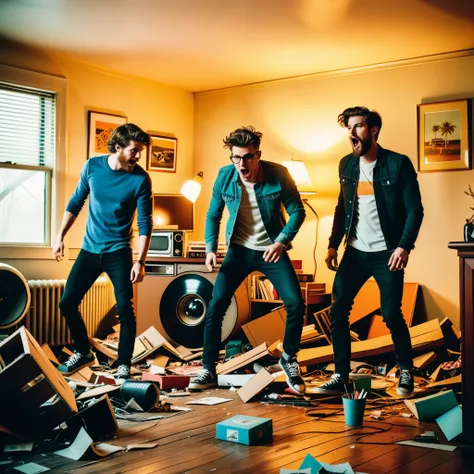 A chaotic photo of an american all male indie band composed of four members wrecking havoc inside a suburban house messing the room up. Destroying things. All members are Millennial demographic aged and wears casual street clothes resembling the early 2010...