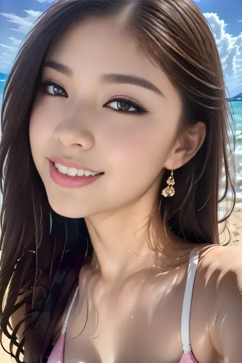 top quality, 8k, masterpiece :1.3,one girl,Elegant Pink Cheek :1.2,red lipstick:1.2, beautiful woman, Big Breasts:1.3,double eyelids,Quiet Hawaiian Ocean, white sands,summer,staring at the camera, get down on your knees ,pink silk micro bikini, max resolut...