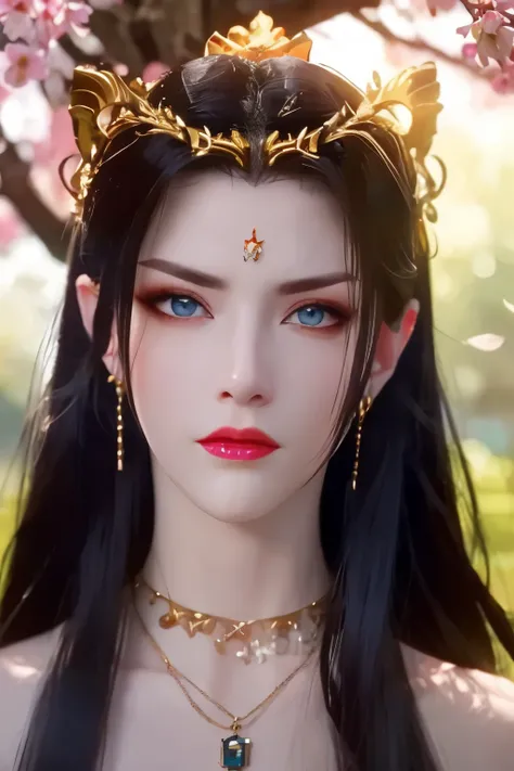 One 20 year old girl, breast 1.1, navel,upper body,bare shoulders,wears red tube top,red skirt, blue gems,shiny skin,hand in own hair,(mature female),milf,cai lin, deep blue eyes, jet black long hair, 8k resolution high quality,background: around the garde...