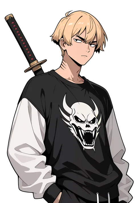 Anime Boy, katana , sharp lines , streetwear, white background, blonde short hair, Correct anatomy