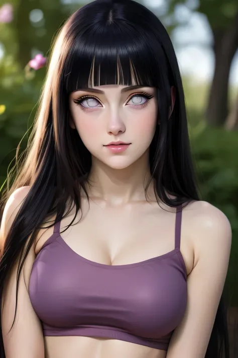 masterpiece, cinematic look, breast :1.1, HDR : 1.2, ultra lightening, ultra detailed, high quality 8k resolution, background: in garden of purple petal trees, highly detailed image, light hearted smirk, navel,body image from head to thighs,  HinataNS, Hin...