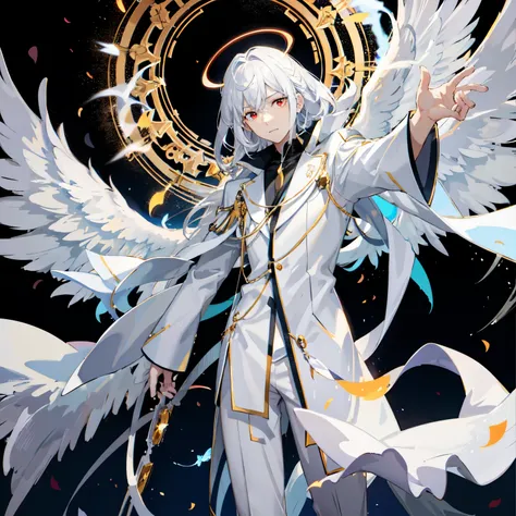 angel, snowy background, Red long SCARF ,Man in formal attire wearing a formal attire white and platinum lab coat over men's,red eyes, cabello largo color platino anime angel con alas y un halo por encima de la cabeza, anime wallpaper , bíblico preciso a...