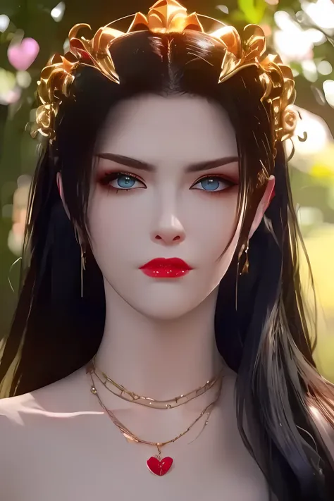 One 20 year old girl, breast 1.1, navel,upper body,bare shoulders,wears red tube top,red skirt, blue gems,shiny skin,hand in own hair,(mature female),milf,cai lin, deep blue eyes, jet black long hair, 8k resolution high quality,background: around the garde...