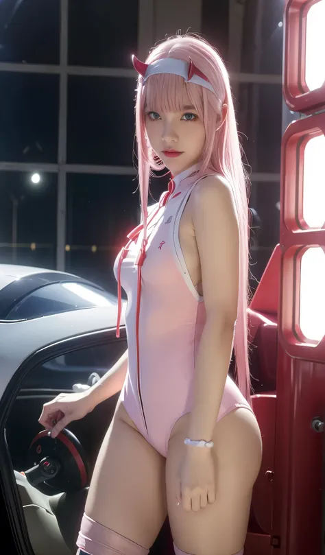 dynamic angle, ultra-detailed, illustration, straight on, 1 girl, ((Zero two, interface headband with a pair of horns, red bodysuit:1.4, pink hair)), Her eyes shone like dreamy stars, (glowing eyes:1.233), (beautiful and detailed eyes:1.1), (expressionless...