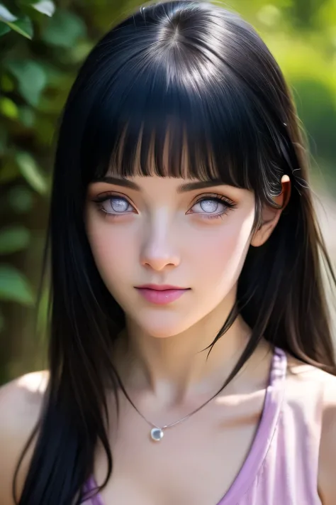 masterpiece, cinematic look, breast :1.1, HDR : 1.2, ultra lightening, ultra detailed, high quality 8k resolution, background: in garden of purple petal trees, highly detailed image, light hearted smirk, navel,body image from head to thighs,  HinataNS, Hin...