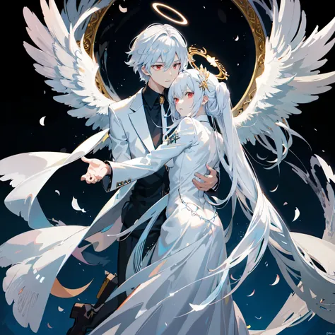 Angelic glowing snowy background,anime couple hugging and kissing , gold-colored long scarf , gold-colored long scarfjo , Waiting for the man in formal suit wearing a white and platinum lab coat over a formal suit,red eyes, cabello largo color platino a...