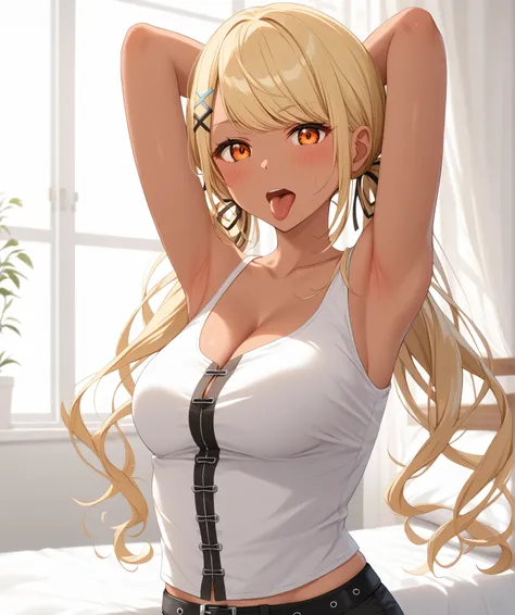 master piece、Best Quality,Super detailed,High resolution,Extremely detailed CG,Unity 8K Wallpaper,weat,score_9, score_8_up, score_7_up, score_6_up, score_5_up, score_4_up, source_anime,QpiCas, (orange eyes), dark skin, blonde hair, long hair, swept bangs, ...