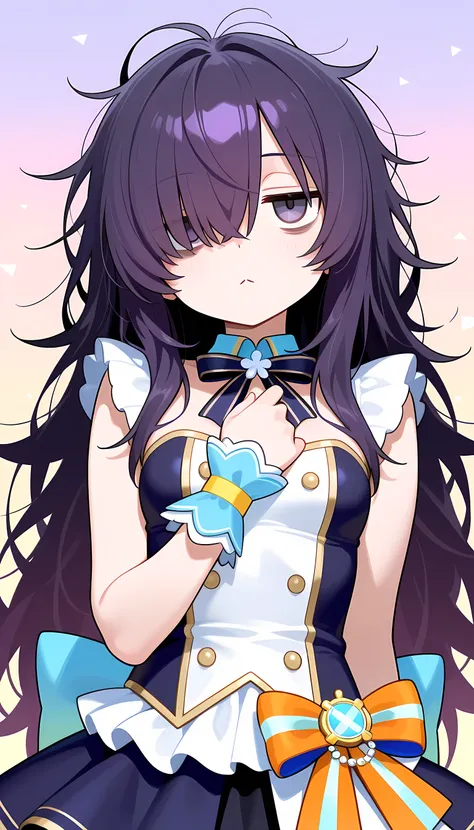 masterpiece, best quality, high quality, good quality, pastel colors, colorful, masterpice,score_9, score_8_up, score_7_up, score_6_up, 1girl,long hair,dark purple hair, ((messy hair)), hair over one eye, (hair over right eye),((comic jitome)) , (bags unde...