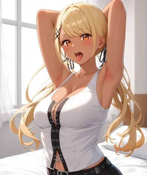 master piece、Best Quality,Super detailed,High resolution,Extremely detailed CG,Unity 8K Wallpaper,weat,score_9, score_8_up, score_7_up, score_6_up, score_5_up, score_4_up, source_anime,QpiCas, (orange eyes), dark skin, blonde hair, long hair, swept bangs, ...