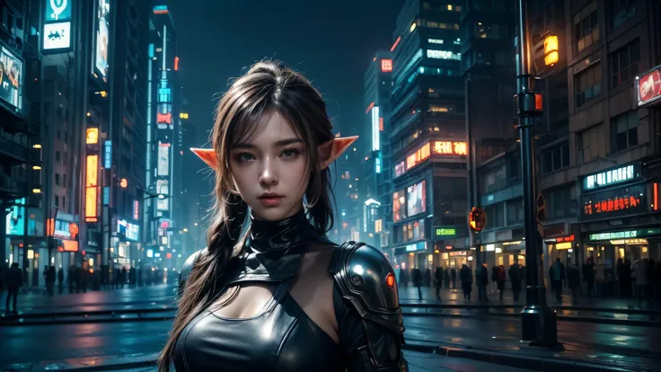  masterpiece,in your own home,high resolution, 8,000,(Portrait Photos:1.5),(R Original photo),REAL PICTURES,Digital photography,(Cyberpunk style city streets，Bustling city streets，Neon sign，After the Rain，Mist),(Female elves), 20 year old girl, random hair...