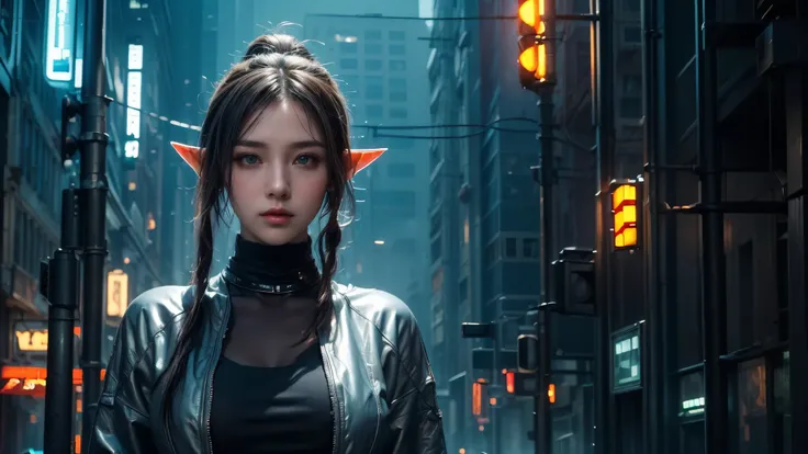 masterpiece,in your own home,high resolution, 8,000,(Portrait Photos:1.5),(R Original photo),REAL PICTURES,Digital photography,(Cyberpunk style city streets,Bustling city streets,Neon sign,After the Rain,Mist),(Female elves), 20 year old girl, random hair...