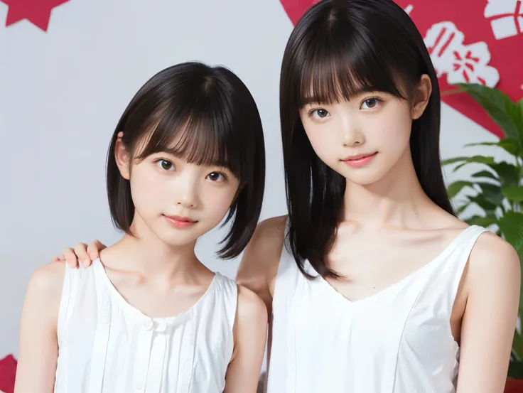 ((two girls)), (((flat chest:1.5))), (((white camisole dress))), (two toddler girls, short hair girl and long hair girl, in old apartment at late night, toddler), ((pale skin:1.3, toddler body)), (smile, baby face:1.3), red room, red wallpaper, narrow room...