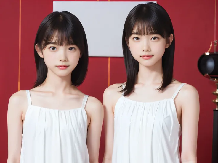 ((two girls)), (((flat chest:1.5))), (((white camisole dress))), (two toddler girls, short hair girl and long hair girl, in old apartment at late night, toddler), ((pale skin:1.3, toddler body)), (smile, baby face:1.3), red room, red wallpaper, narrow room...